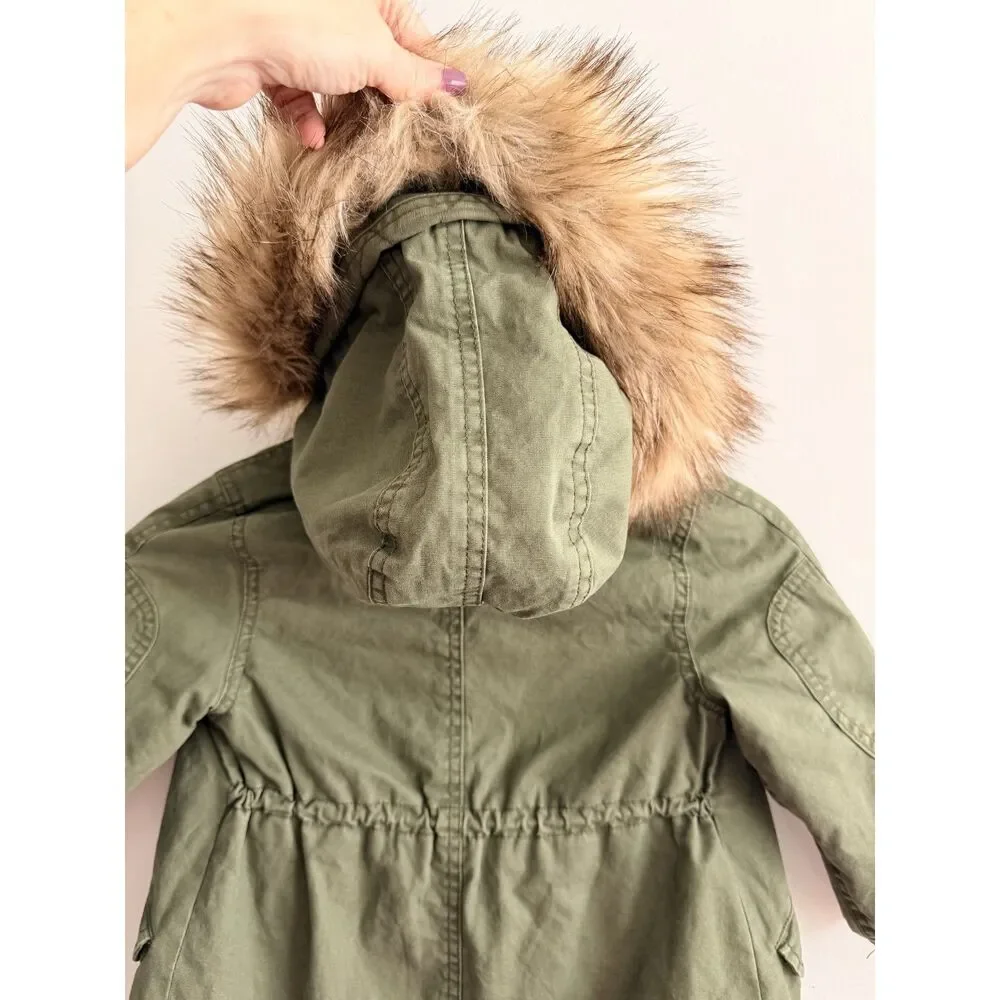 Baby Gap Toddler 3 Years Olive Green Faux Fur Hood Utility Parka Jacket